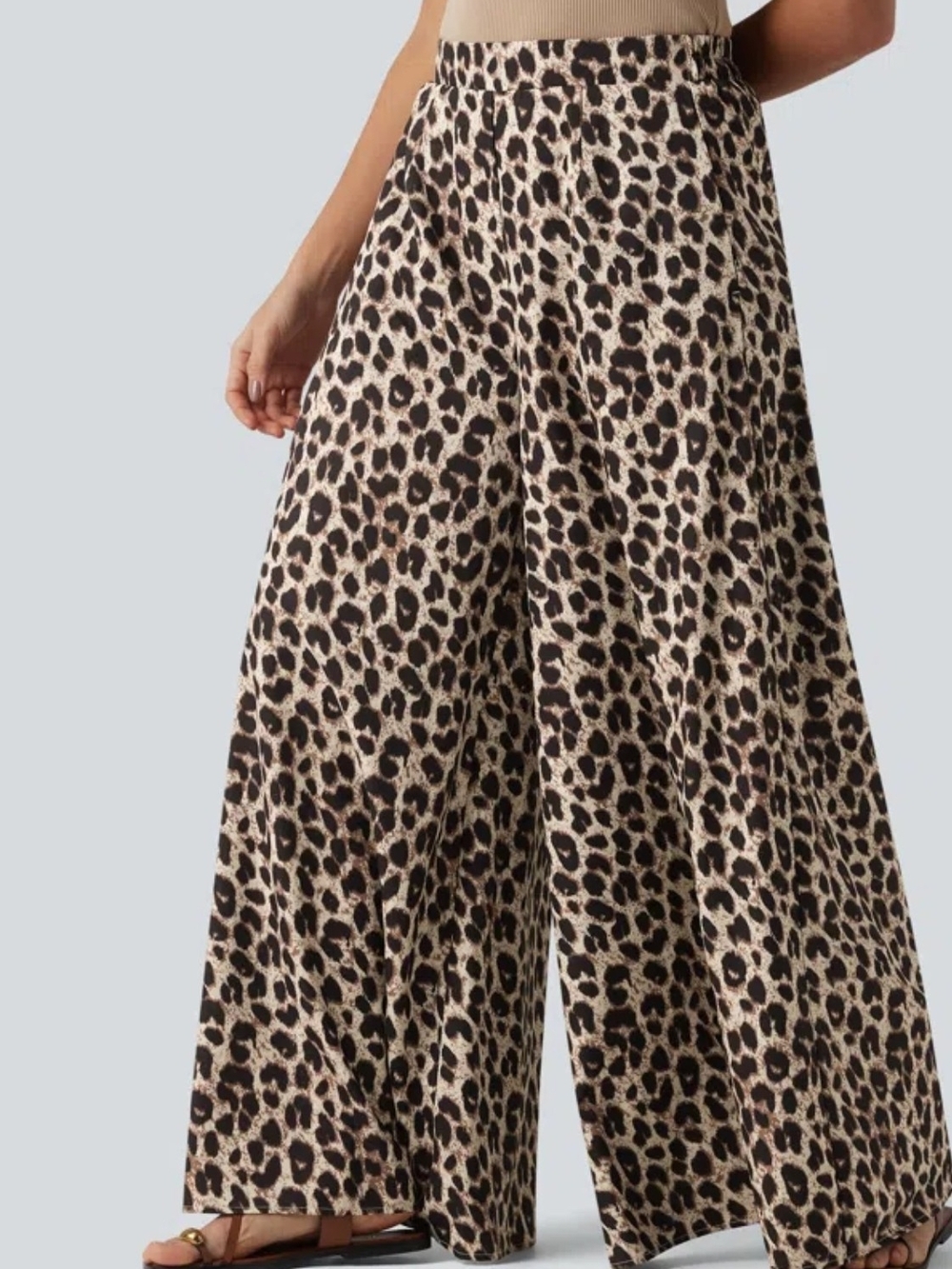 High Waisted Wide Leg Leopard Print Casual Pants with Pockets - Picture 2 of 5